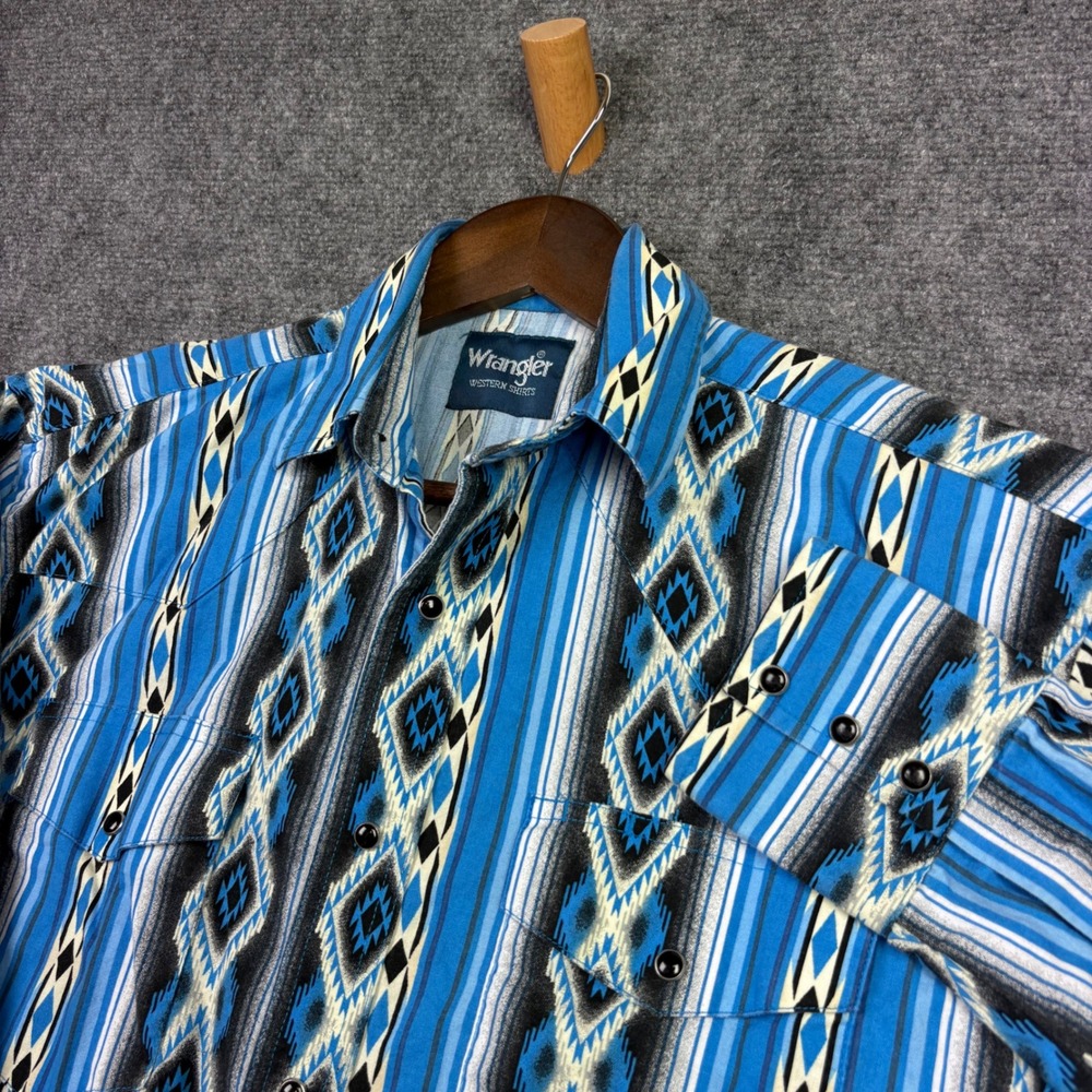 Wrangler Western Shirt Mens Medium Blue Aztec Southwestern Pearl Snap Striped